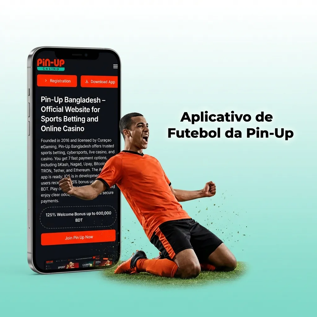 Smartphone exibindo interface do aplicativo Pin-Up com odds de futebol e opções de apostas ao vivo na tela