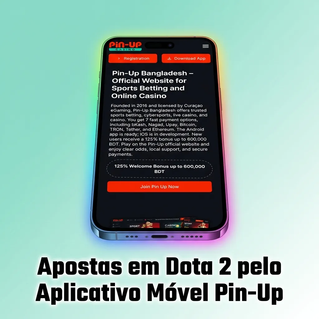 Pin-Up mobile app interface showing Dota 2 betting options and navigation menu on smartphone screen