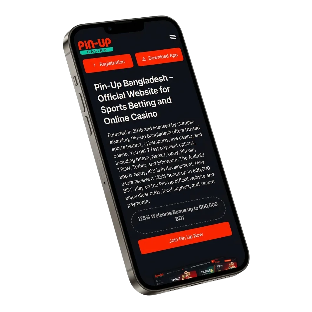 Pin-Up iOS app interface showing sports betting and casino games on iPhone with welcome bonus offers for Brazilian users
