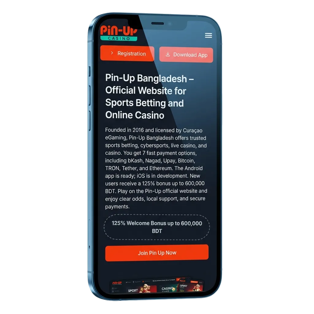 Pin-Up app download page showing Android APK and iOS options for sports betting and casino with PIX payment support