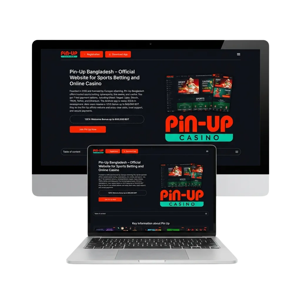 Pin-Up app desktop showing casino games, sports betting, and live dealer options on Windows and macOS computers
